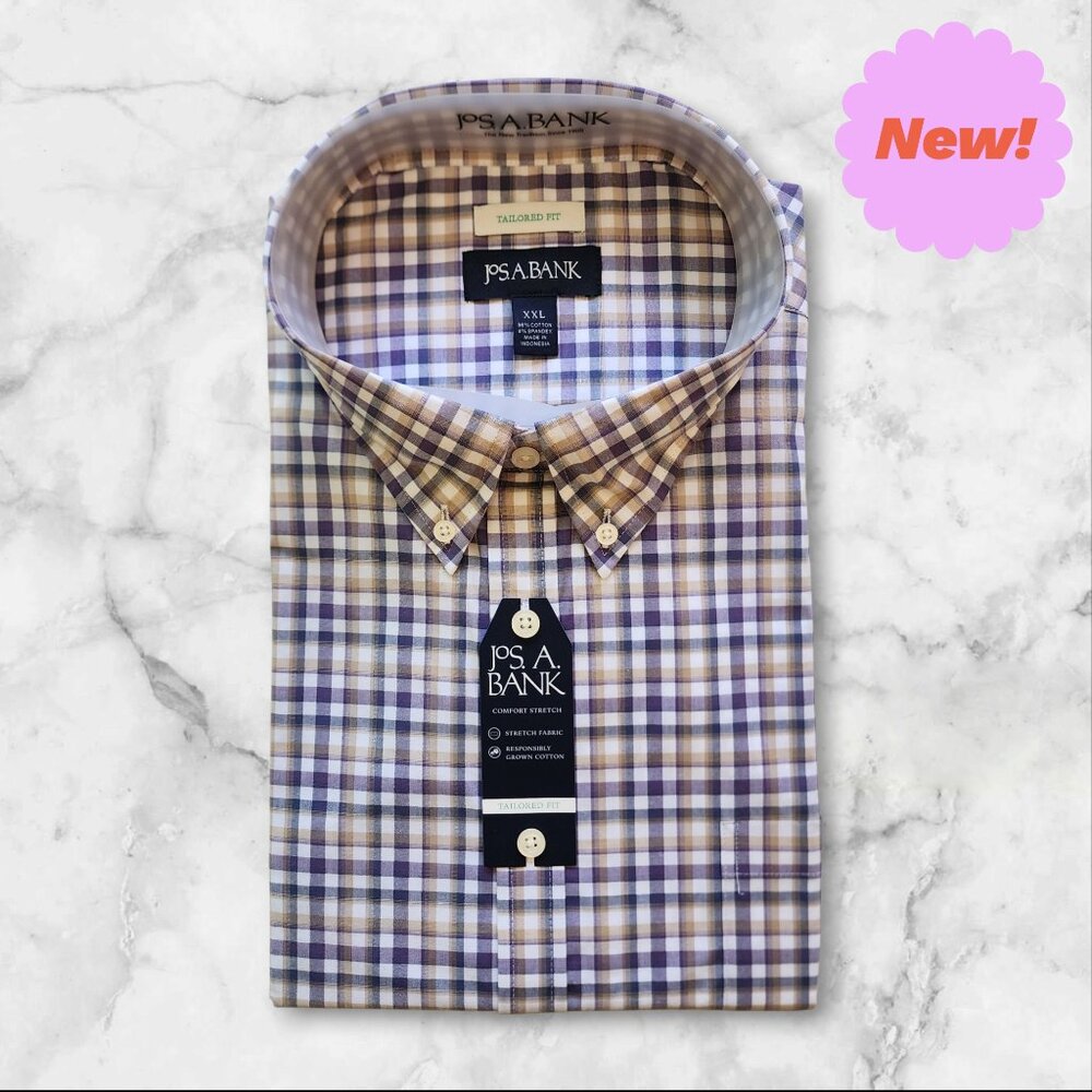 XXL Purple Shirt Plaid Checked Beige White Mens Jos A Bank New Tailored Fit Size